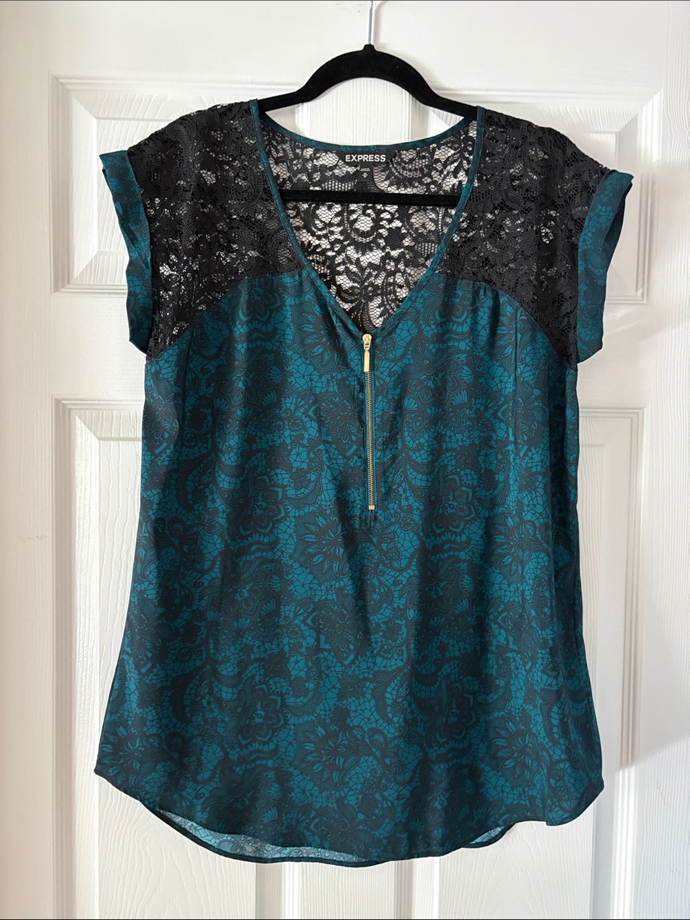 Express Teal and Black Lace V-Neck Zip Front Blouse